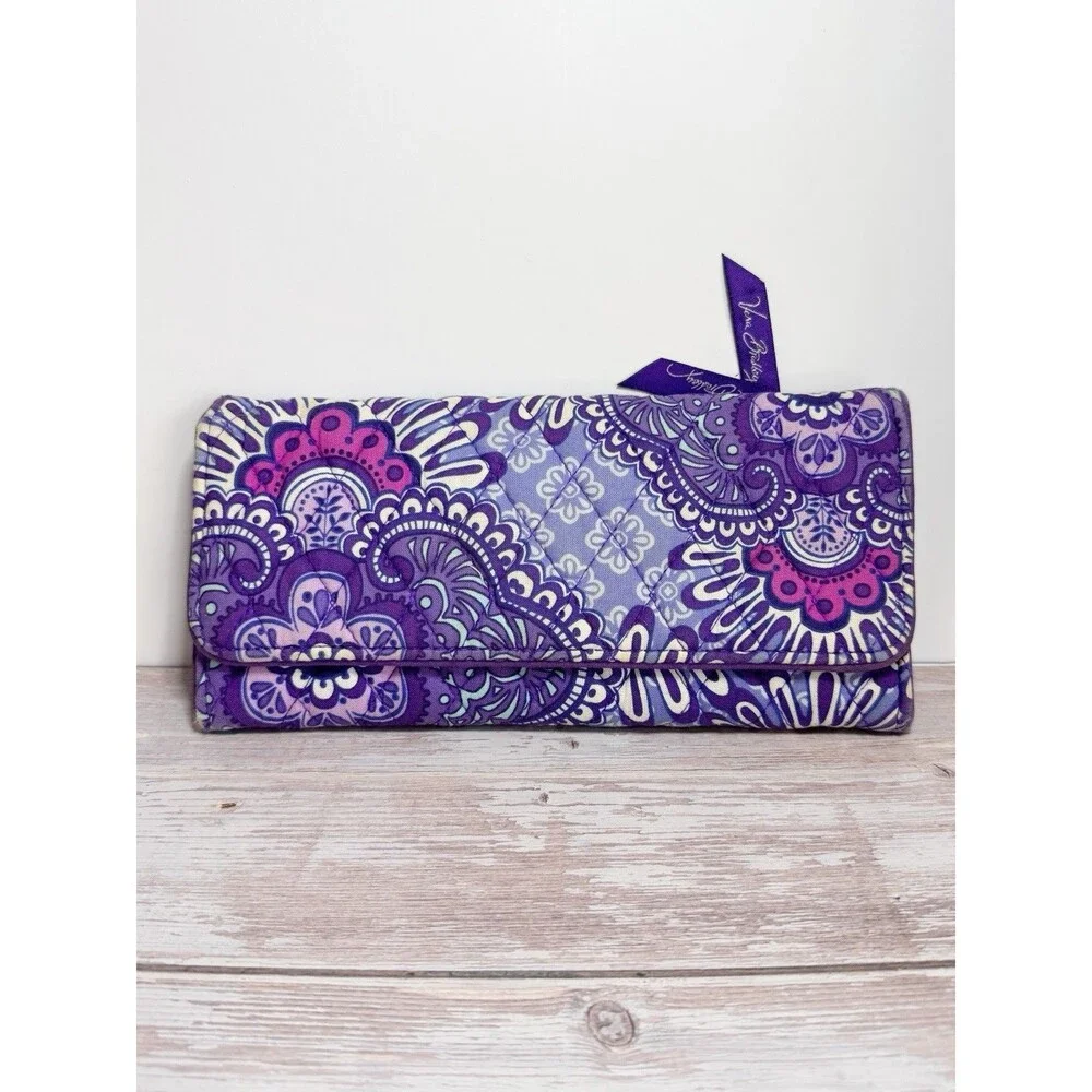 Vera Bradley Purple Trifold Wallet Lilac Tapestry Wear On Edges - Picture 1 of 8
